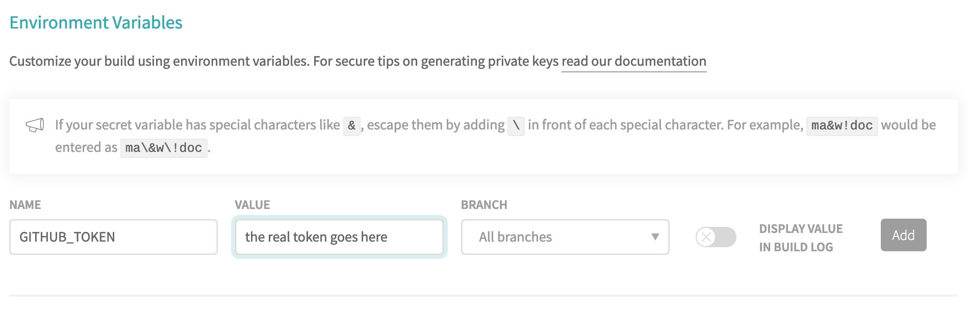 Setting token as env variable on travis